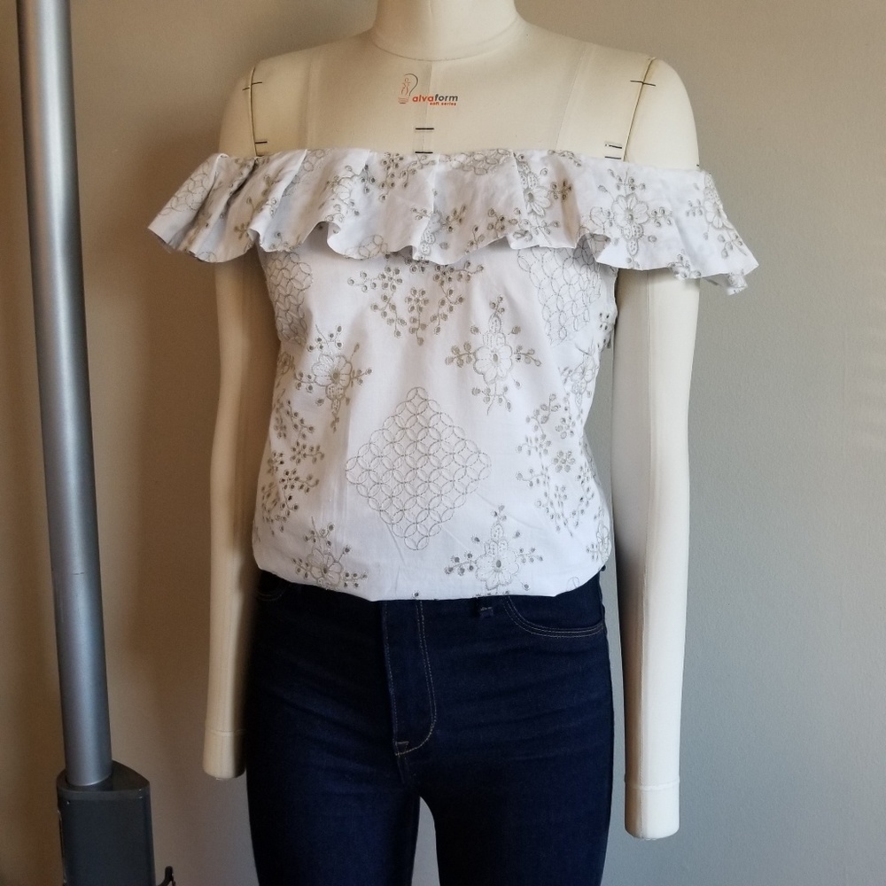 Anthropologie White Eyelet Cotton Ruffle Top